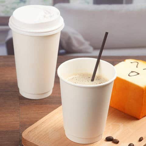 white disposable paper cups with lid and straw