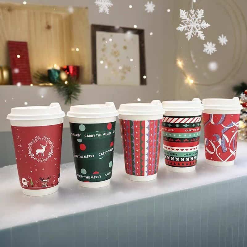 5 christmas holiday paper cups in white plastic lids1