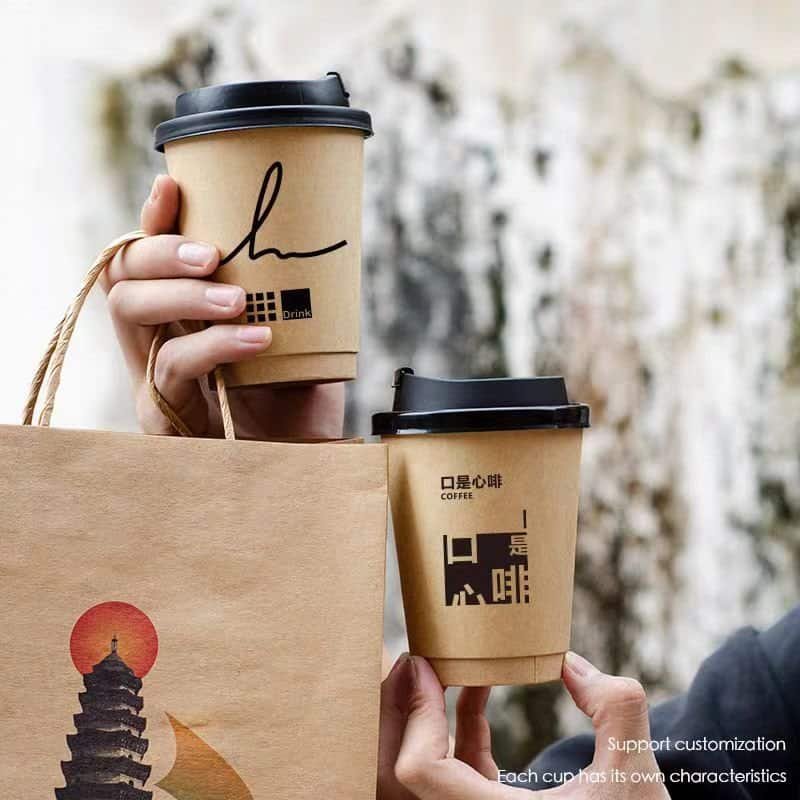 8oz double wall kraft paper cup in black pp lid